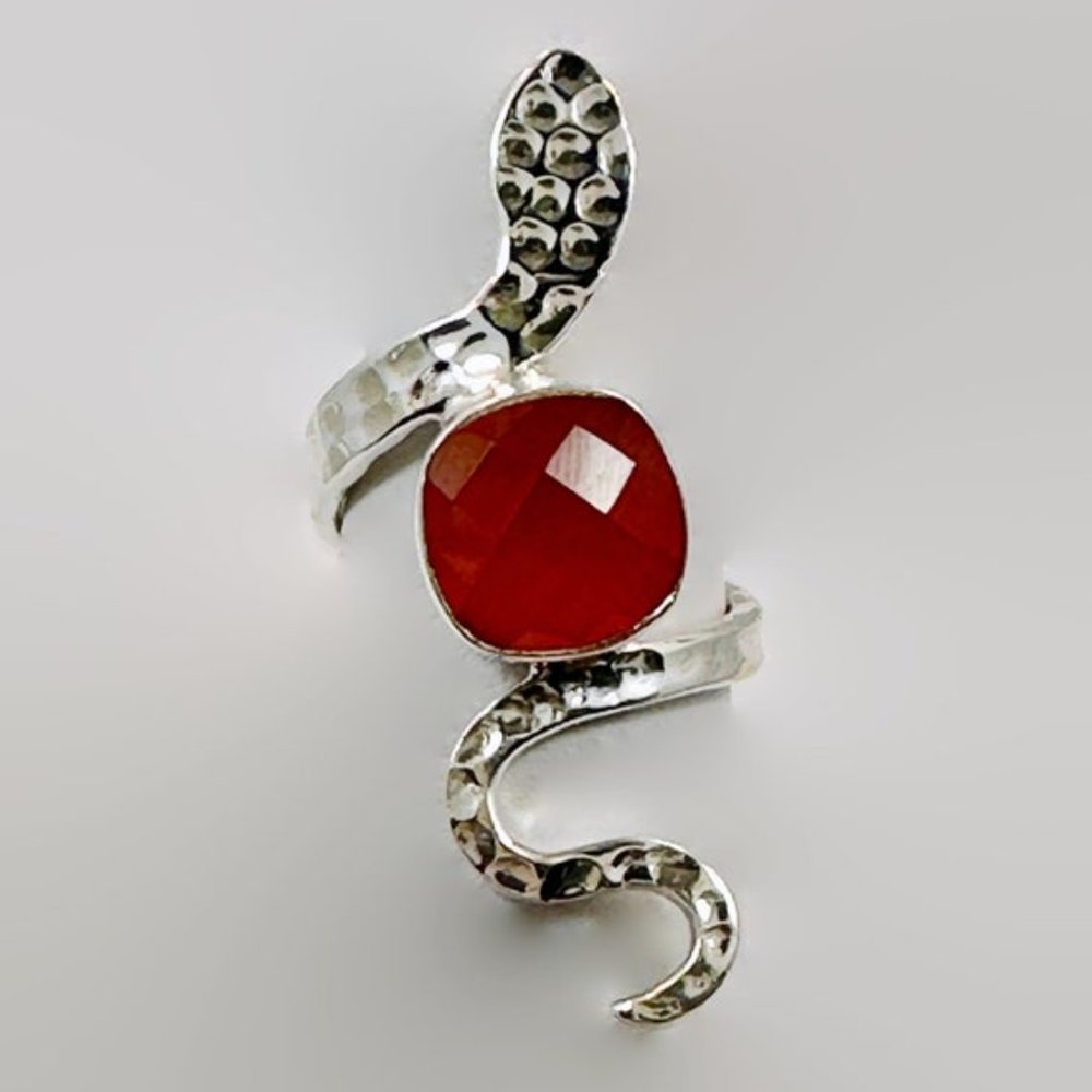 Snake Ring, Sterling Silver, Carnelian, Faceted Stone, Size 6 1/2, Handmade - Picture 2 of 7